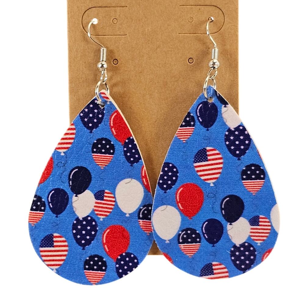 Patriotic Balloon Teardrop Earrings Red White Blue Faux Leather Dangle Jewelry